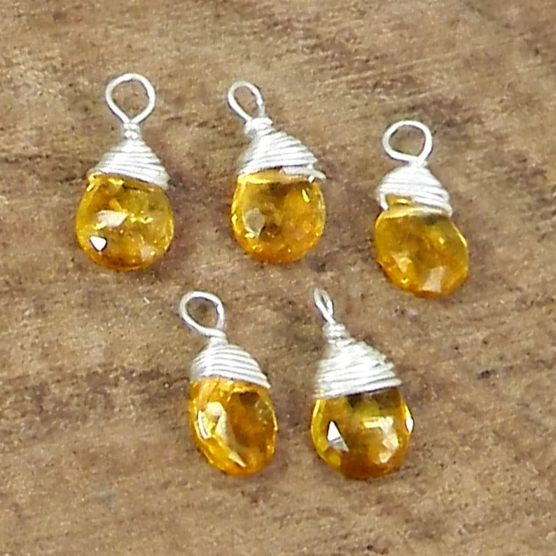 November birthstone natural citrine teardrop faceted 13 x 5 mm 925 sterling silver gold plated wire wrapped connector for making jewelry