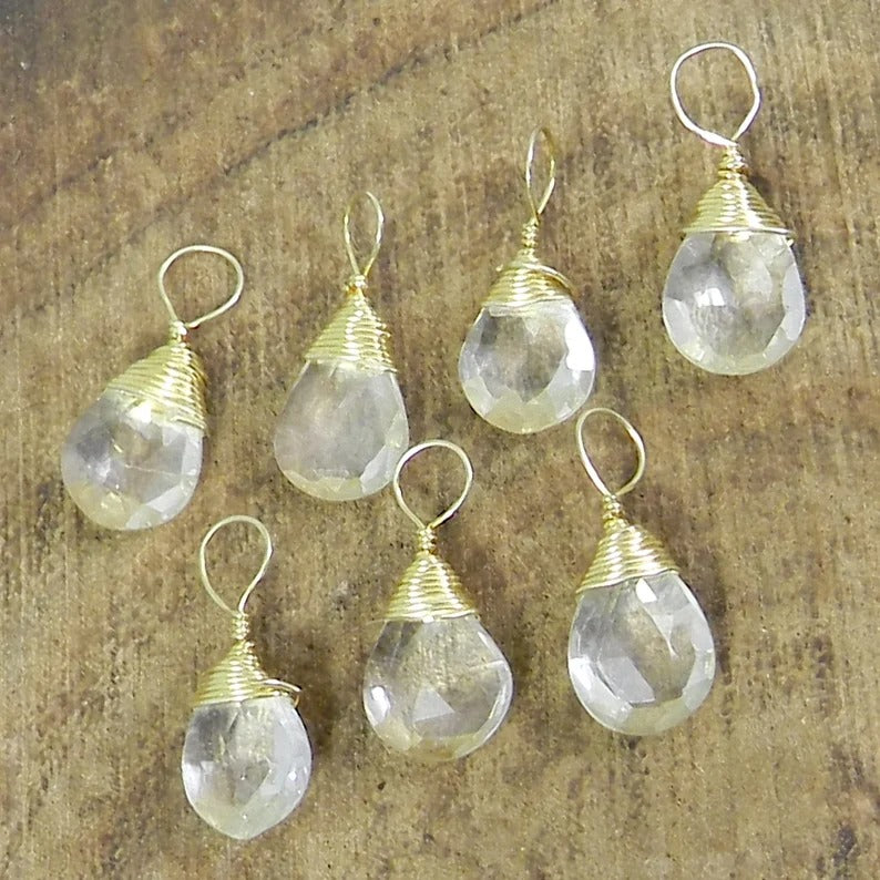 Natural crystal quartz 13 x 5 mm teardrop faceted 925 sterling silver small single loop wire wrapped connector for making jewelry