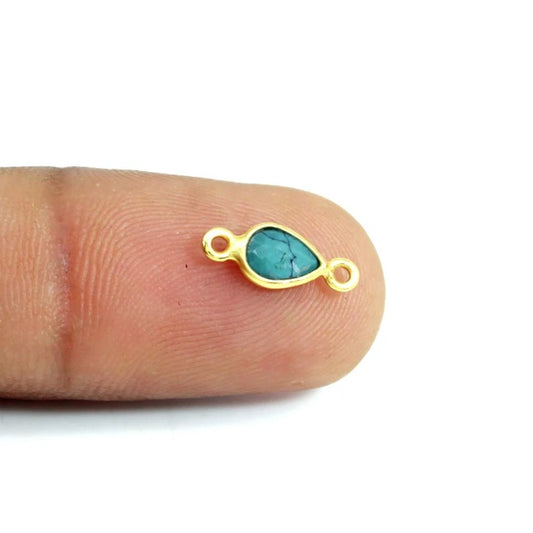 Synthetic blue turquoise pear rose cut 15 x 5 mm 925 sterling silver gold plated double loop bezel set connector for making jewelry