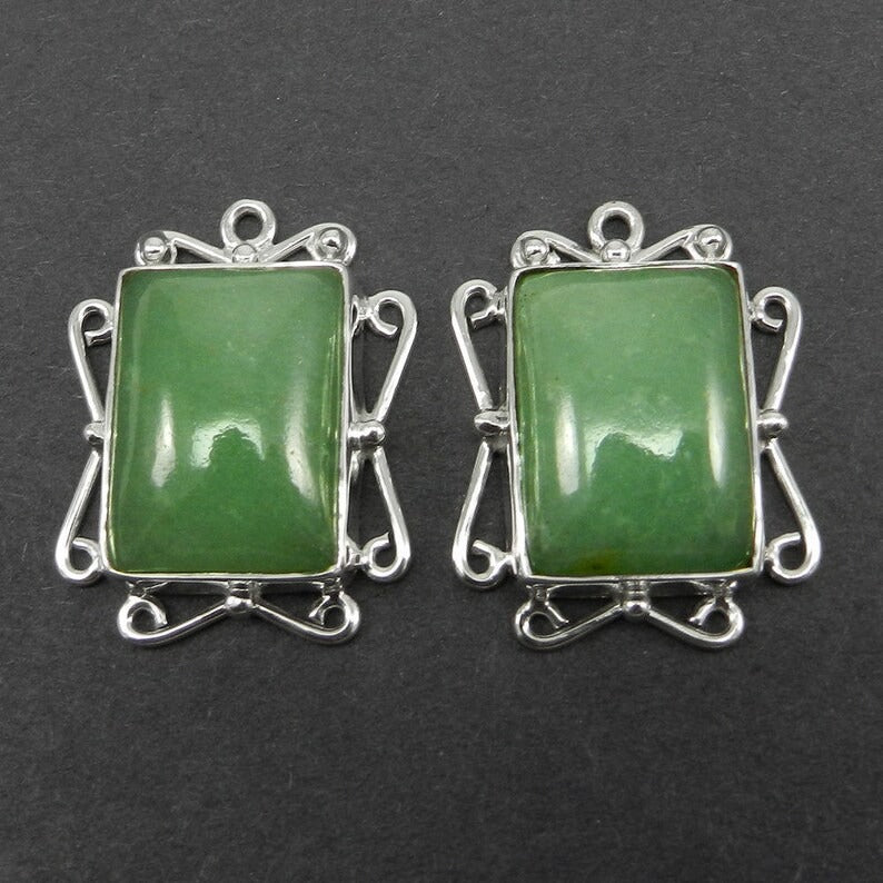 1 pair Green aventurine - Rectangle cabochon - gemstone Single loop - 925 Sterling Silver - 27x21mm Designer Connector 11.23 gms - SHST1329