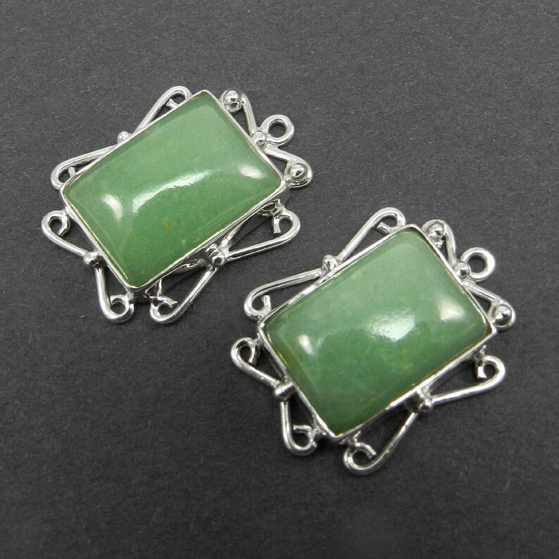 1 pair Green aventurine - Rectangle cabochon - gemstone Single loop - 925 Sterling Silver - 27x21mm Designer Connector 11.23 gms - SHST1329