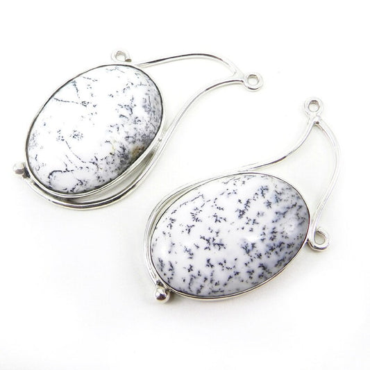 1 pair - Natural Dendritic opal - Oval cabochon - gemstone Single loop - 925 Sterling Silver - 25x38mm Designer Connector - SHST1236