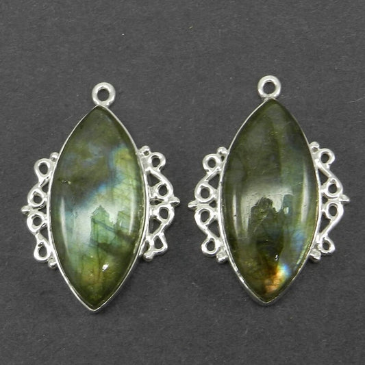 1 pair - Labradorite - 32x22mm Marquise cabochon - 11.44 gms - gemstone Single loop - 925 Sterling Silver - Designer Connector - SHST1534