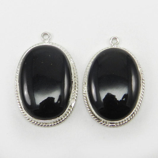 1 pair - Black onyx - Oval cabochon - gemstone Single loop - 925 Sterling Silver - 32x20mm Designer Connector - SHST1243