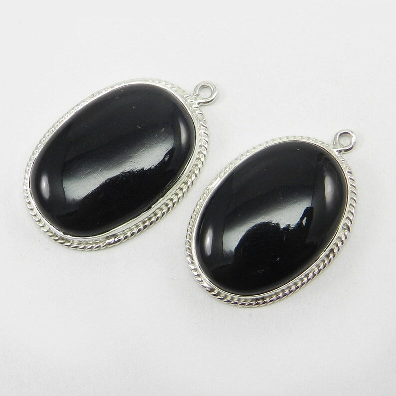 1 pair - Black onyx - Oval cabochon - gemstone Single loop - 925 Sterling Silver - 32x20mm Designer Connector - SHST1243