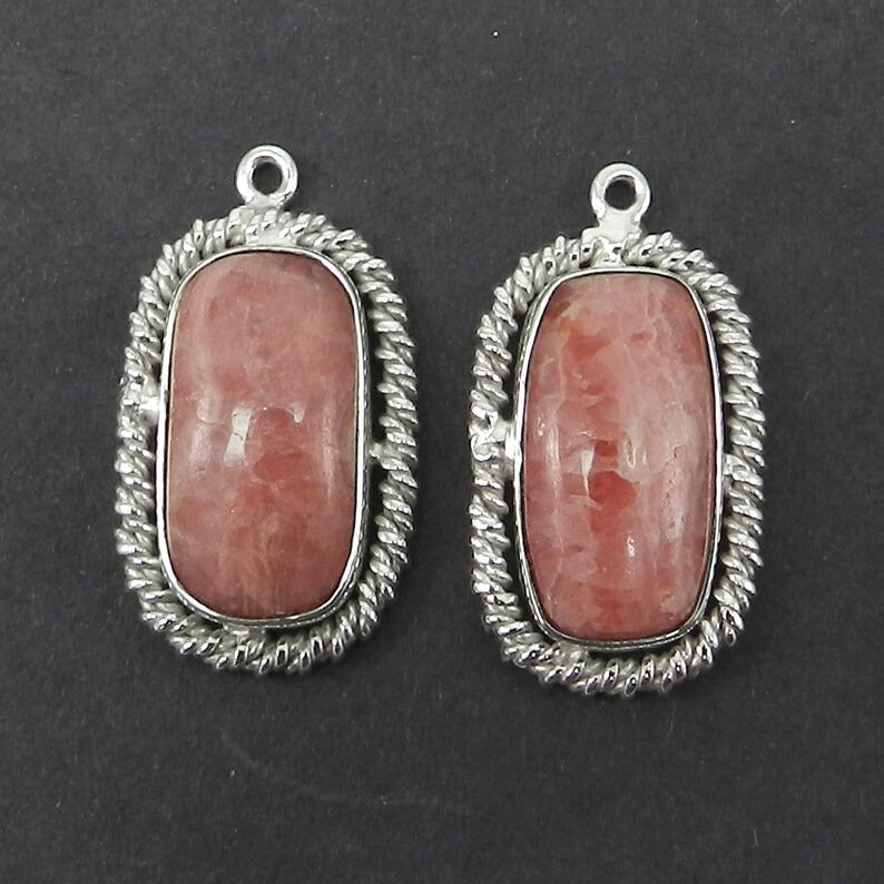 1 pair - Natural Rhodocrosite - Rectangle cabochon - gemstone Single loop - 925 Sterling Silver - 29x16mm Designer Connector - SHST1263