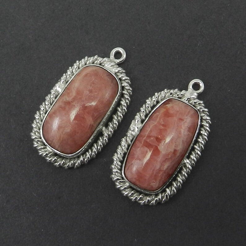 1 pair - Natural Rhodocrosite - Rectangle cabochon - gemstone Single loop - 925 Sterling Silver - 29x16mm Designer Connector - SHST1263