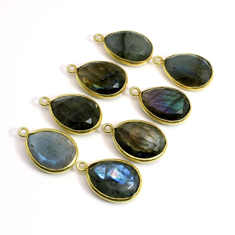 Multi flashy labradorite pear tablet cut 22 x 13 mm 925 sterling silver gold plated bezel set single loop connector for making jewelry