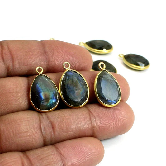 Multi flashy labradorite pear tablet cut 22 x 13 mm 925 sterling silver gold plated bezel set single loop connector for making jewelry