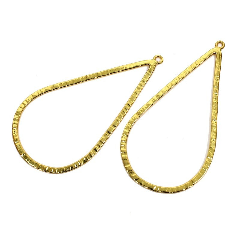 Drop shaped raw brass gold plated handcrafted connector 50 mm charms hammered textured finding accessories single loop connector for jewelry