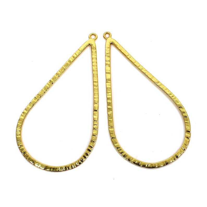 Drop shaped raw brass gold plated handcrafted connector 50 mm charms hammered textured finding accessories single loop connector for jewelry