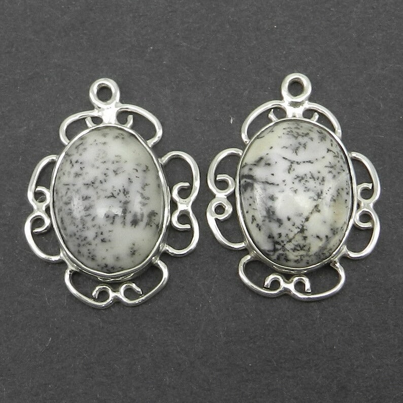 1 pair - Natural dendritic opal - oval cabochon - gemstone Single loop - 925 Sterling Silver - 25x19mm Designer Connector - SHST1245