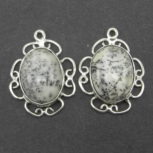 1 pair - Natural dendritic opal - oval cabochon - gemstone Single loop - 925 Sterling Silver - 25x19mm Designer Connector - SHST1245