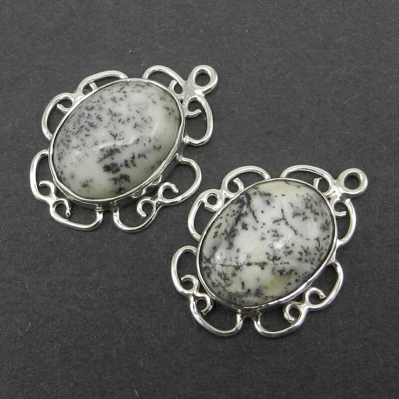 1 pair - Natural dendritic opal - oval cabochon - gemstone Single loop - 925 Sterling Silver - 25x19mm Designer Connector - SHST1245