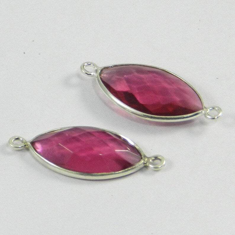 Pink quartz gemstone bezel 925 solid silver charm 28 x 11 mm marquise rosecut double loop connector