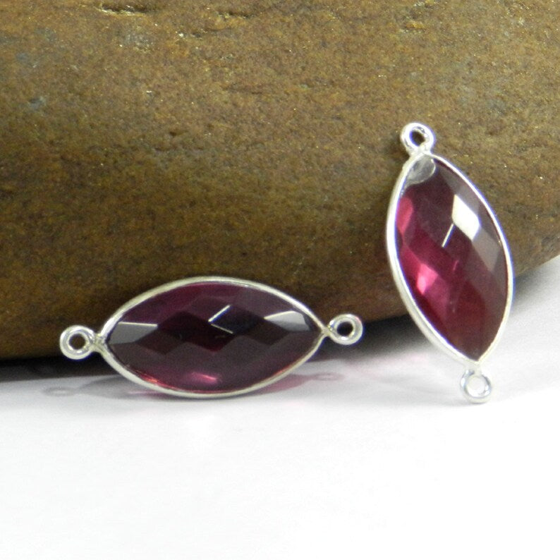 Pink quartz gemstone bezel 925 solid silver charm 28 x 11 mm marquise rosecut double loop connector