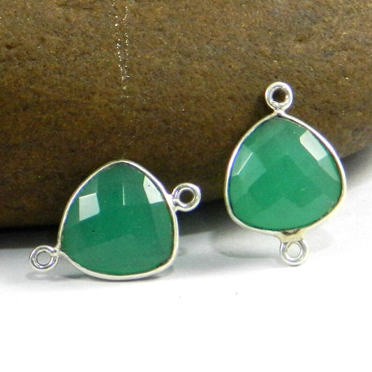 925 solid silver - 1 pair - Gemstone Green onyx connector - 20x12mm Trillion briolette - double loop Bezel Charm - for jewelry - SHST0786