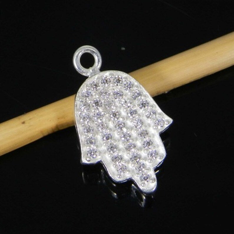 Cubic zircon micro pave 925 sterling silver hamsa hand spacer 17 x 11 mm handmade single loop connector for making jewelry