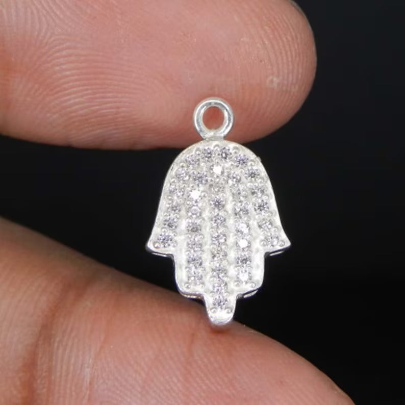 Cubic zircon micro pave 925 sterling silver hamsa hand spacer 17 x 11 mm handmade single loop connector for making jewelry