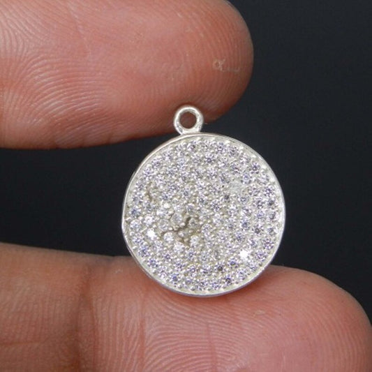 Micro pave cubic zircon 925 sterling silver round disc spacer 17 x 15 mm handmade single loop charm connector for making jewelry