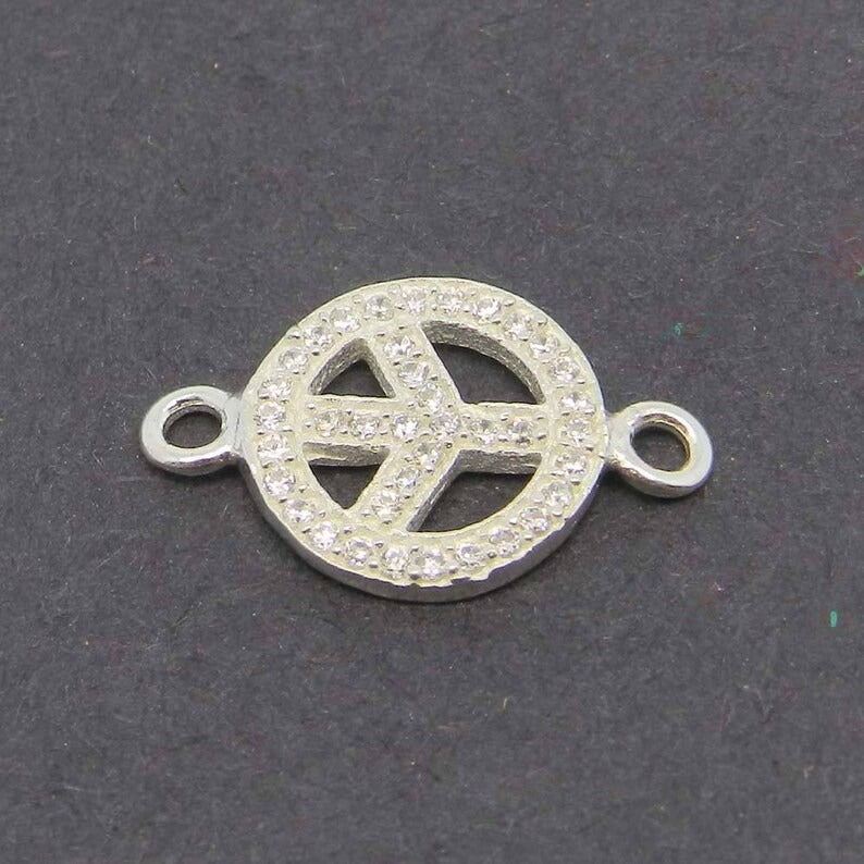 Cubic zircon micro pave 20 x 10 mm 925 sterling silver peace sign spacer handmade double loop station connector for making jewelry