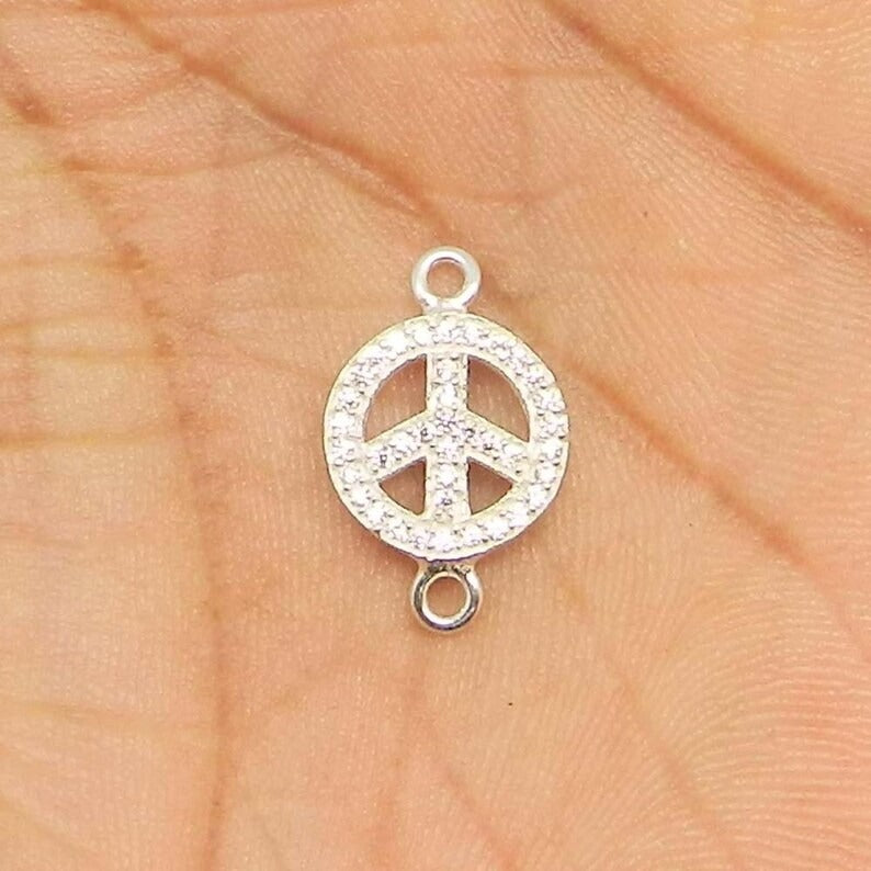 Cubic zircon micro pave 20 x 10 mm 925 sterling silver peace sign spacer handmade double loop station connector for making jewelry