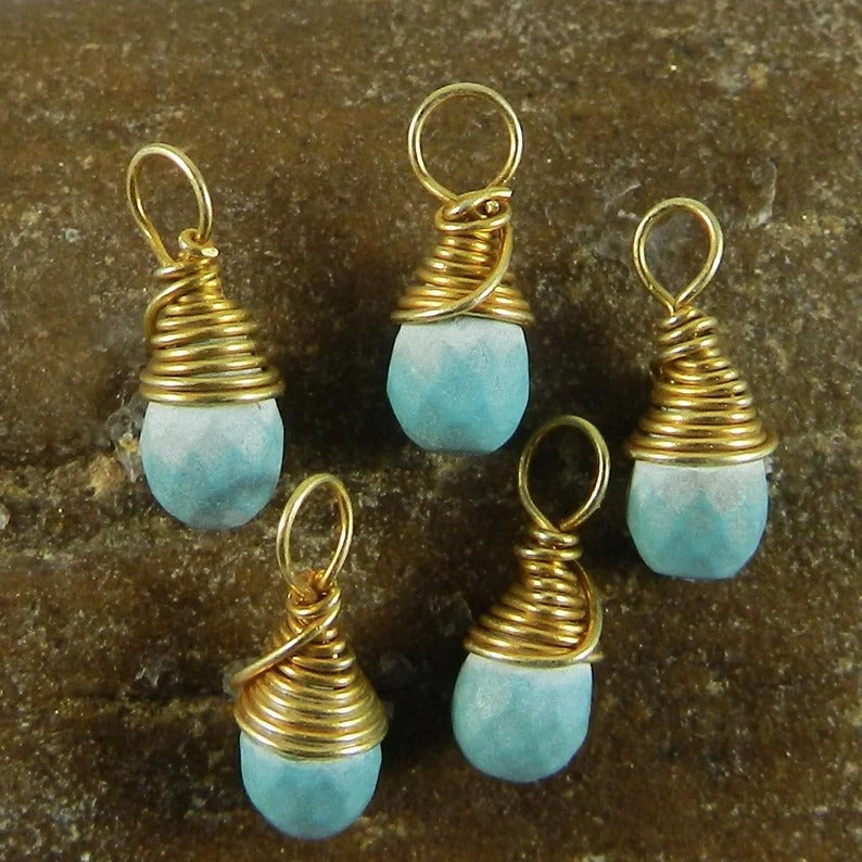 Synthetic blue turquoise drop faceted 13 x 5 mm 925 sterling silver gold plated semi precious stone wire wrapped connector for jewelry