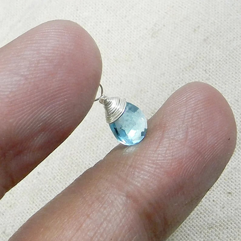 December birthstone natural blue topaz pear drop faceted 13 x 5 mm 925 sterling silver gold plated wire wrapped connector for pendant