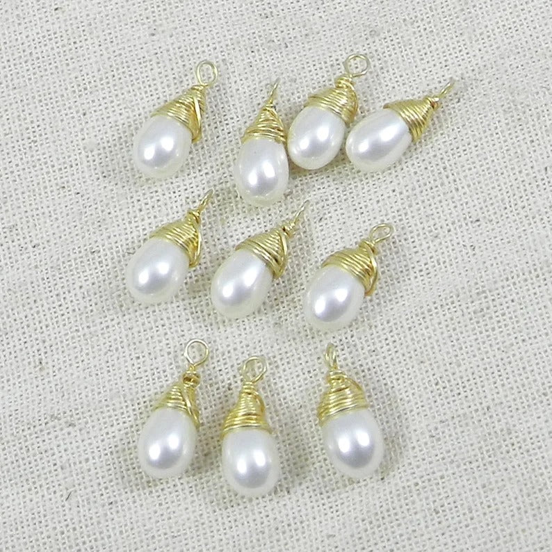 June birthstone natural white pearl 13 x 5 mm 925 sterling silver gold plated wire wrapped drop connector for making jewelry