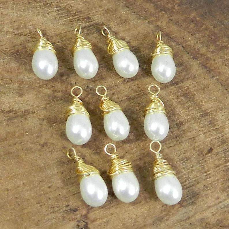 June birthstone natural white pearl 13 x 5 mm 925 sterling silver gold plated wire wrapped drop connector for making jewelry