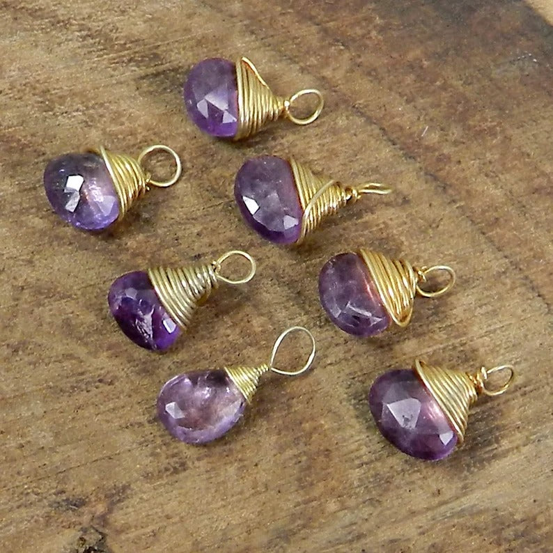 February birthstone natural amethyst pear drop faceted 13 x 5 mm 925 sterling silver wire wrapped connector pendant