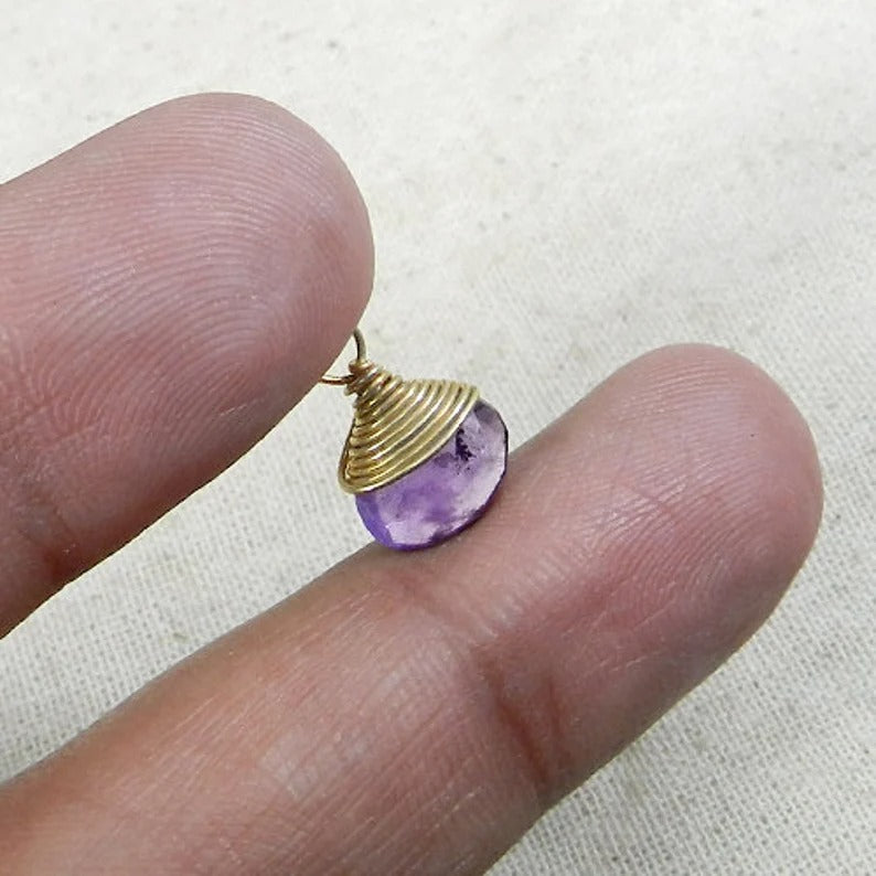 February birthstone natural amethyst pear drop faceted 13 x 5 mm 925 sterling silver wire wrapped connector pendant