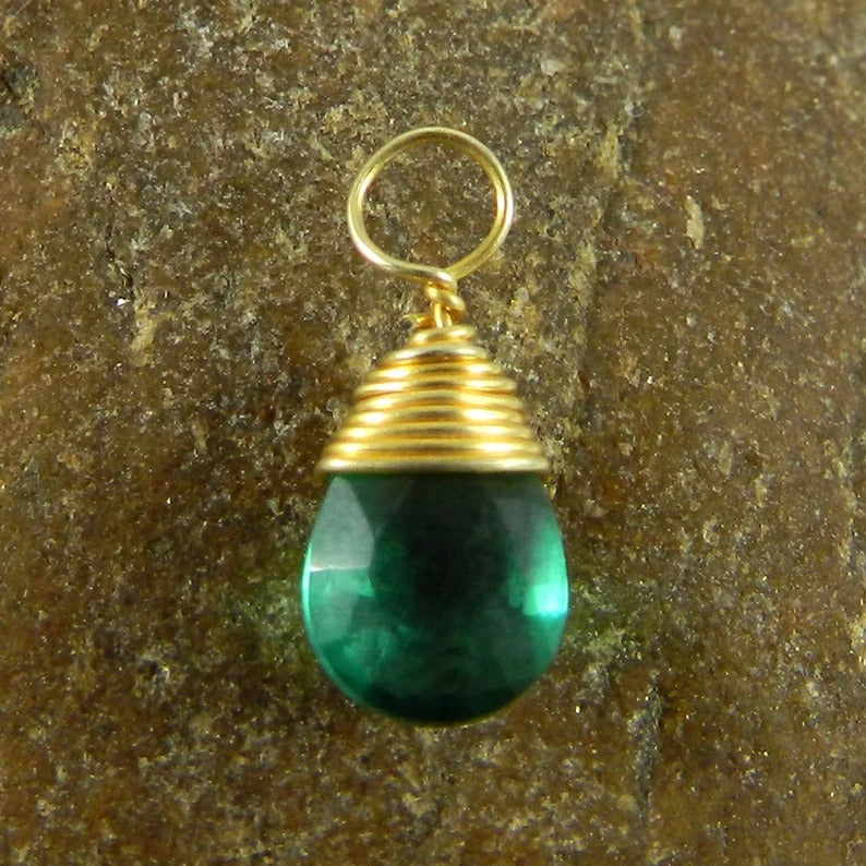 Synthetic apatite hydro quartz 13 x 5 mm tear drop faceted gold plated 925 sterling silver wire wrapped connector for jewelry