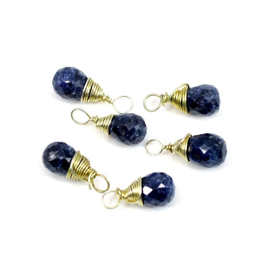 September birthstone natural sapphire corundum drop faceted 13 x 5 mm 925 sterling silver gold plated wire wrapped connector for jewelry