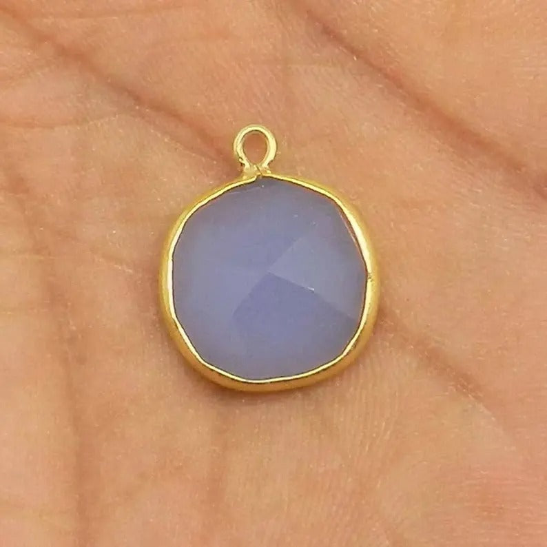 Blue chalcedony - 1.5x1.5cm Round Rose cut - 925 Sterling Silver - gemstone - gold plated - single loop - Bezel Connector - SHST6051