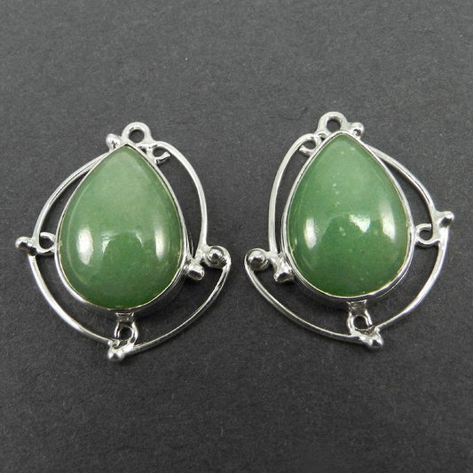 1 pair - Green aventurine - Pear cabochon - gemstone Single loop - 925 Sterling Silver - 27x23mm Designer Connector - 7.92 gms - SHST1330