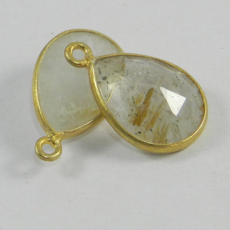 Natural golden rutile quartz pear rose cut 20 x 13 mm 925 Sterling Silver gold plated single loop bezel set connector for making jewelry