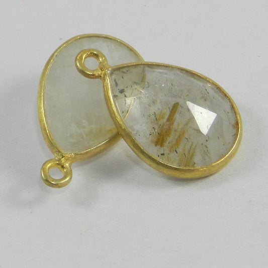 Natural golden rutile quartz pear rose cut 20 x 13 mm 925 Sterling Silver gold plated single loop bezel set connector for making jewelry