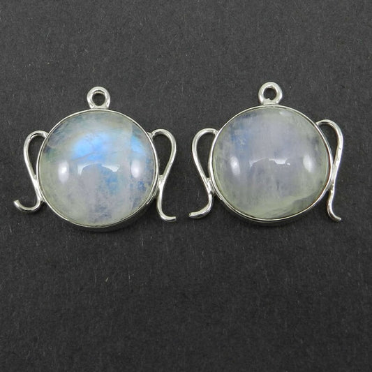 Rainbow moonstone with blue fire 19x20mm round cabochon 925 sterling silver gemstone connector pair for earring making 6.44 gms - SHST1476