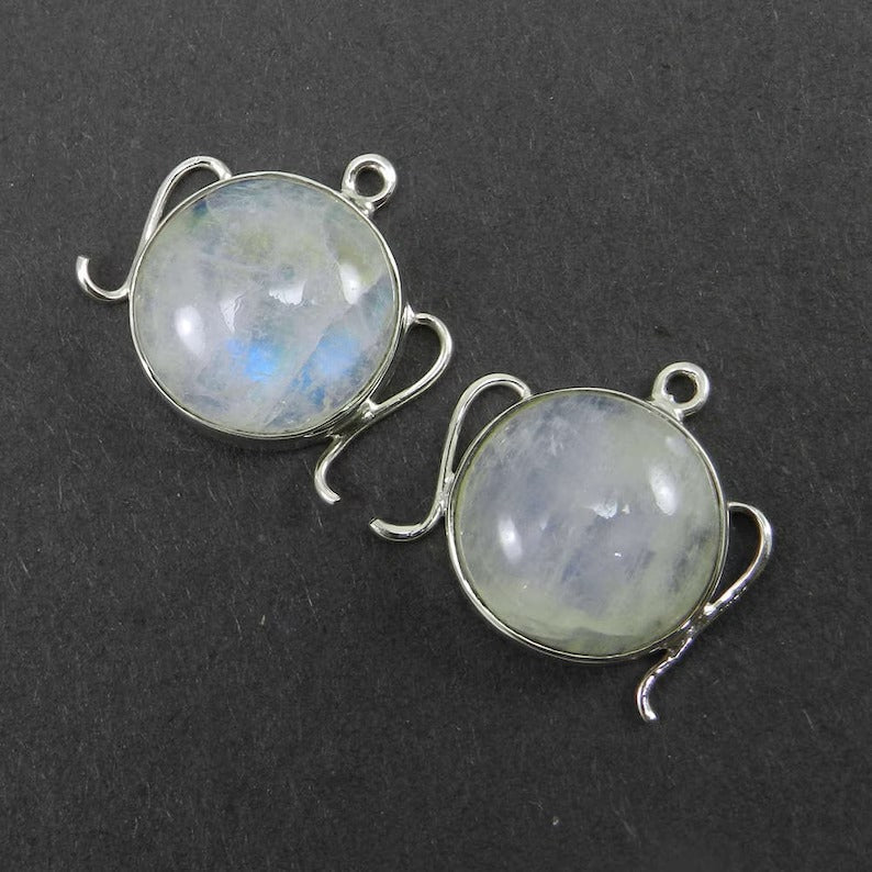 Rainbow moonstone with blue fire 19x20mm round cabochon 925 sterling silver gemstone connector pair for earring making 6.44 gms - SHST1476