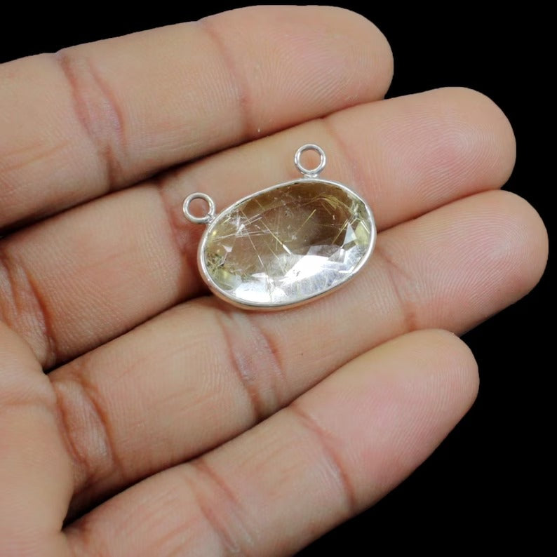 Natural golden rutile quartz oval cut 24 x 20 mm 92.50 sterling silver double loop bezel set station connector for necklace making