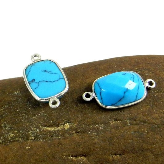 Synthetic Turquoise rectangle rosecut gemstone 22 x 11 mm bezel 925 sterling silver station double loop connector