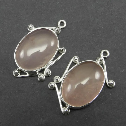 Natural rose quartz oval cabochon 28 x 20 mm 925 sterling silver designer single loop bezel set connector for making jewelry