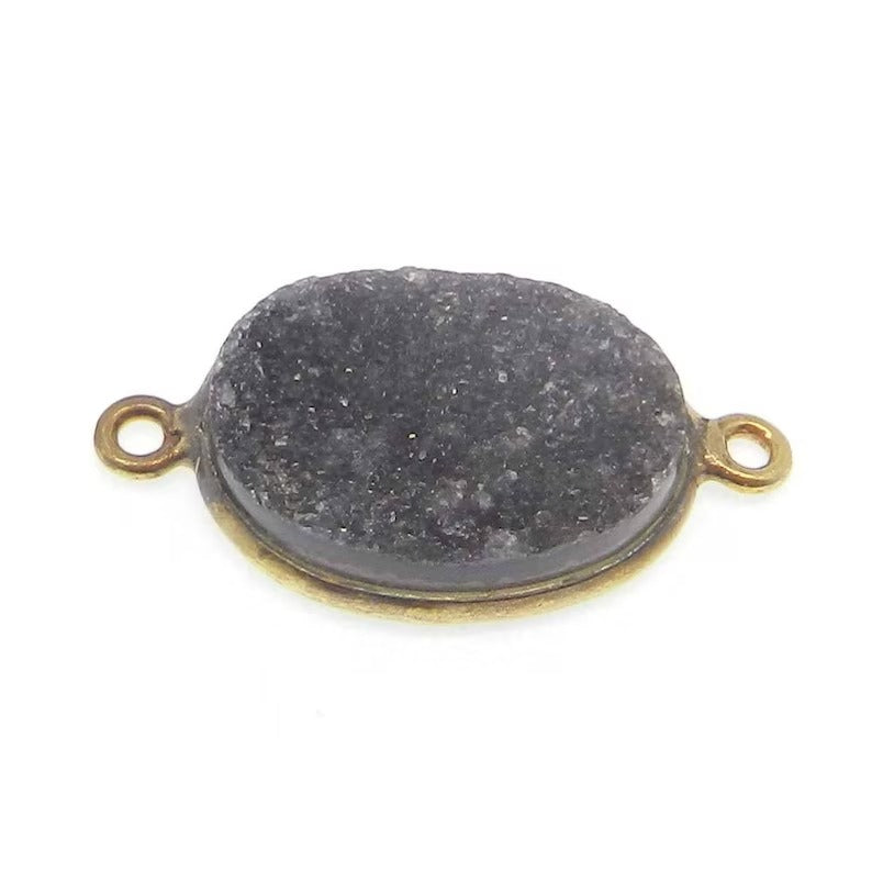 Natural black druzy and white druzy 25 x 15 mm 925 sterling silver bezel set gold plated double loop connector for jewelry making