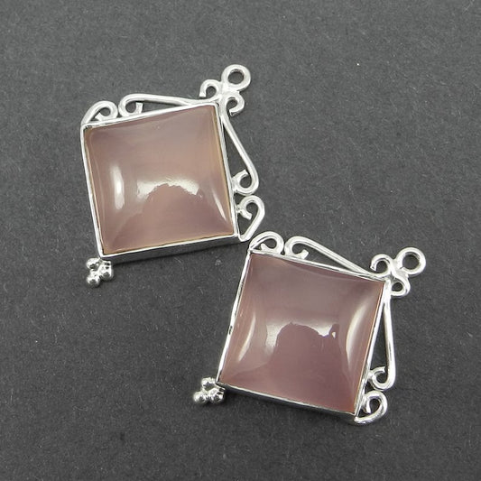 Rose chalcedony square cabochon 925 sterling silver 30 x 24 mm designer single loop station connector for making jewelry