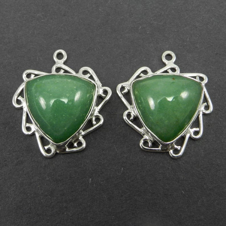 Natural green aventurine trillion cabochon 925 sterling silver single loop 25 x 23 mm designer station connector for making jewelry