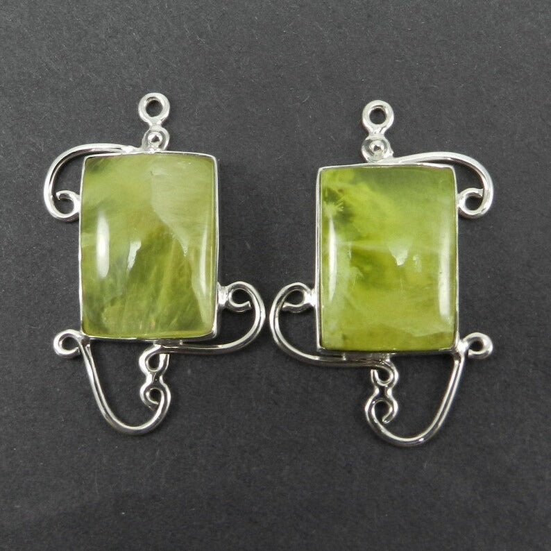 1 pair - Natural Prehnite - 35x22mm rectangle cabochon - 10.27 gms gemstone Single loop - 925 Sterling Silver Designer Connector - SHST1344