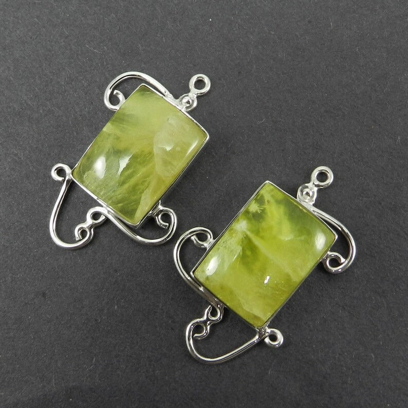 1 pair - Natural Prehnite - 35x22mm rectangle cabochon - 10.27 gms gemstone Single loop - 925 Sterling Silver Designer Connector - SHST1344