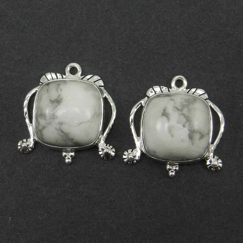 Natural howlite cushion cabochon 22 x 21 mm 925 sterling silver designer single loop bezel set connector for making earring