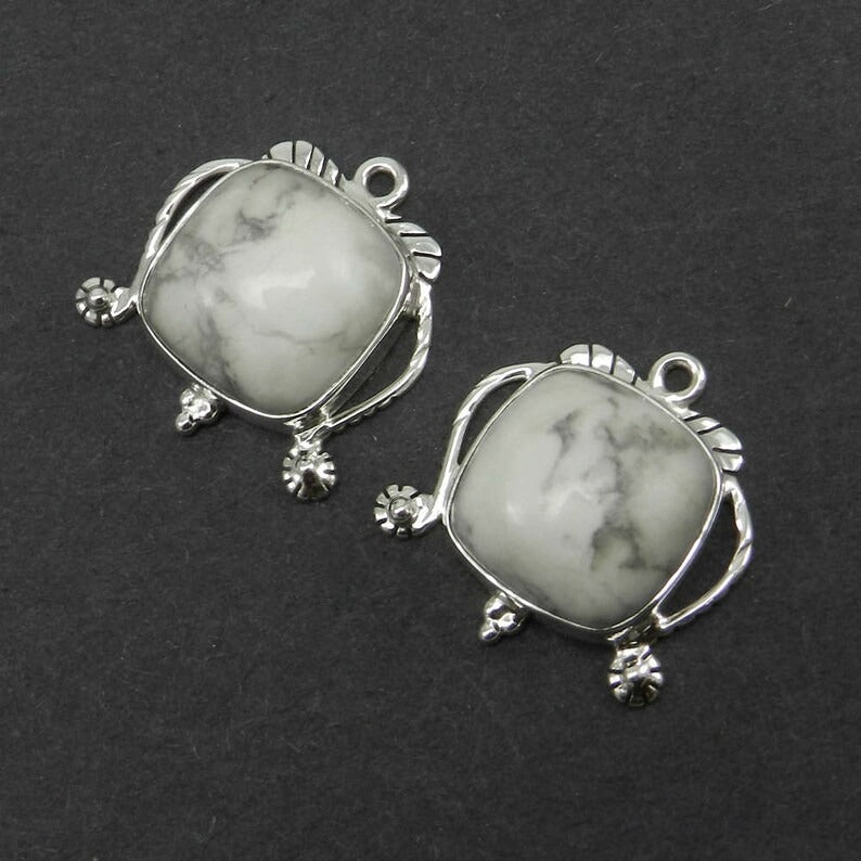 Natural howlite cushion cabochon 22 x 21 mm 925 sterling silver designer single loop bezel set connector for making earring